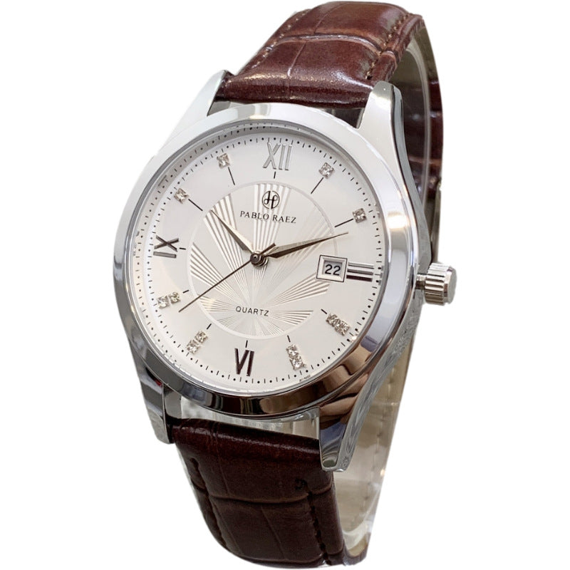 Roman Numeral Quartz Watch, Mesh or Leather – Men – Silver · White Dial · Brown Leather – front