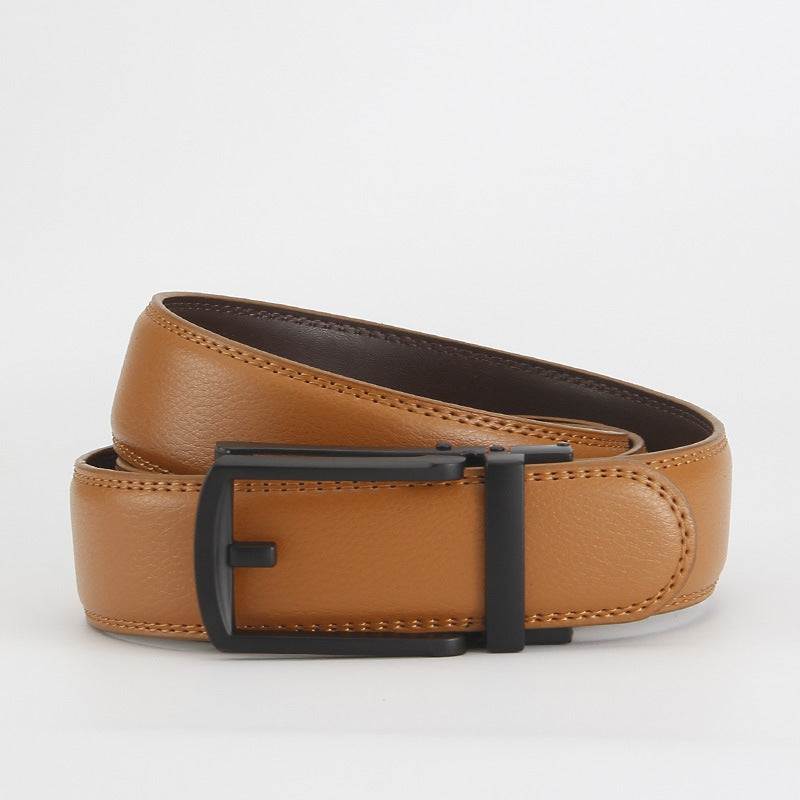 Leather Ratchet Belt, Slim Buckle – Men – Tan · Black Frame Buckle – front