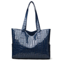 Croc-Effect Faux-Leather Tote Bag – Women – Navy – front, plain background