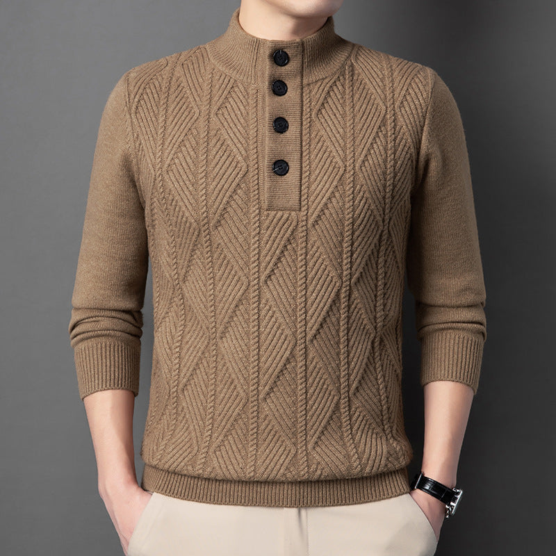 Diamond-Knit Button Stand-Collar Sweater – Men – Camel – worn