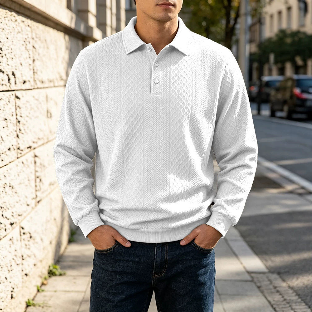 Diamond Jacquard Knit Polo, Long Sleeve – Men – White – worn