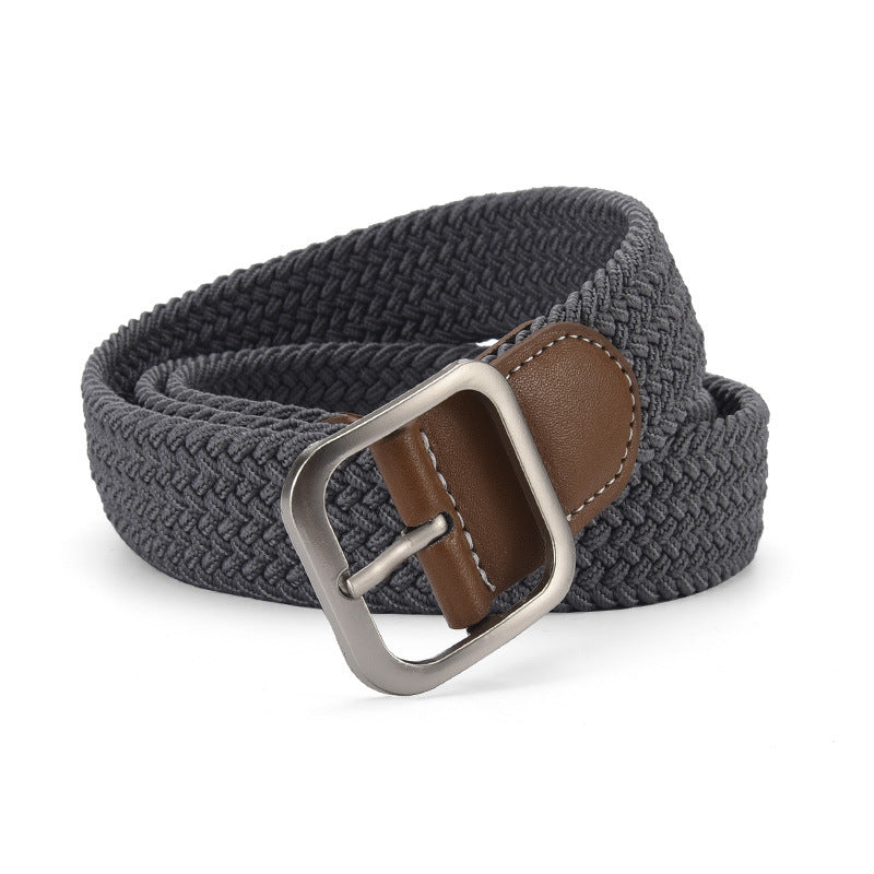 Woven Stretch Belt with Leather-Look Tab – Men – Grey · Brown Tab – front