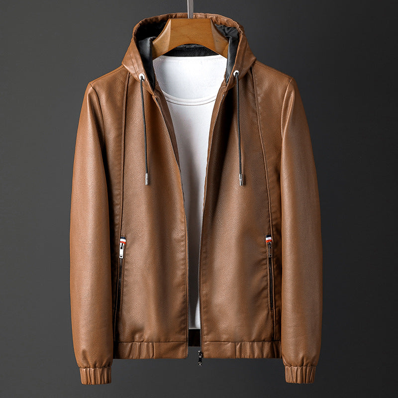 Hooded Leather-Look Jacket – Men – Tan – front
