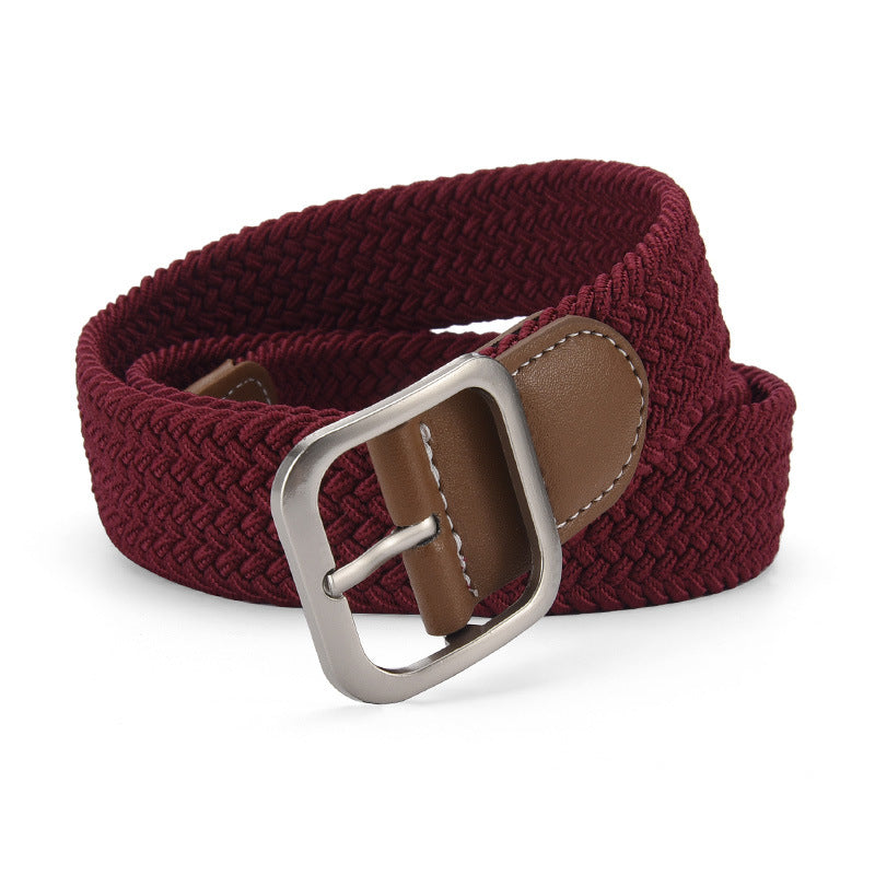 Woven Stretch Belt with Leather-Look Tab – Men – Burgundy · Brown Tab – front
