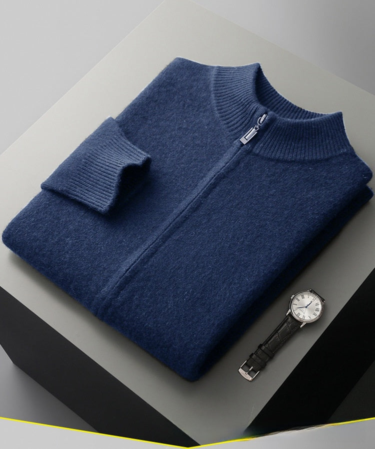 Full-Zip Knit Cardigan, Stand Collar – Men – Navy – folded