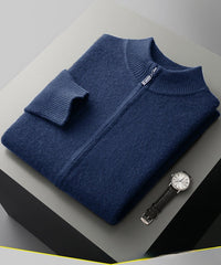Full-Zip Knit Cardigan, Stand Collar – Men – Navy – folded