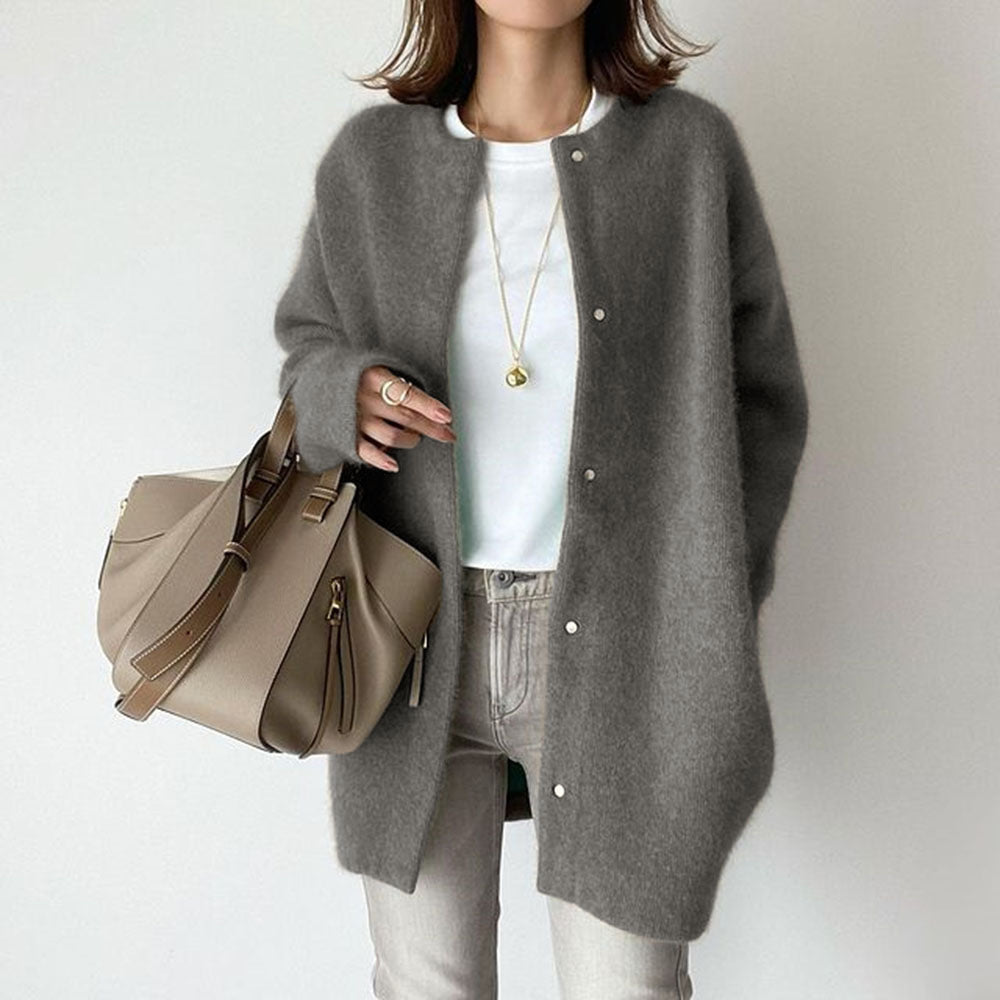 Long Round-Neck Knit Cardigan Coat – Women – Grey – worn
