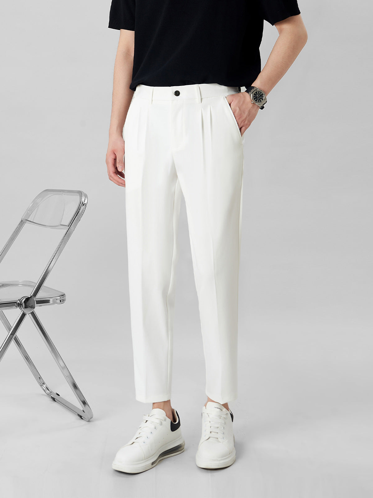 Pleated Tapered Trousers, Stretch, Ankle Length – Men – White – worn