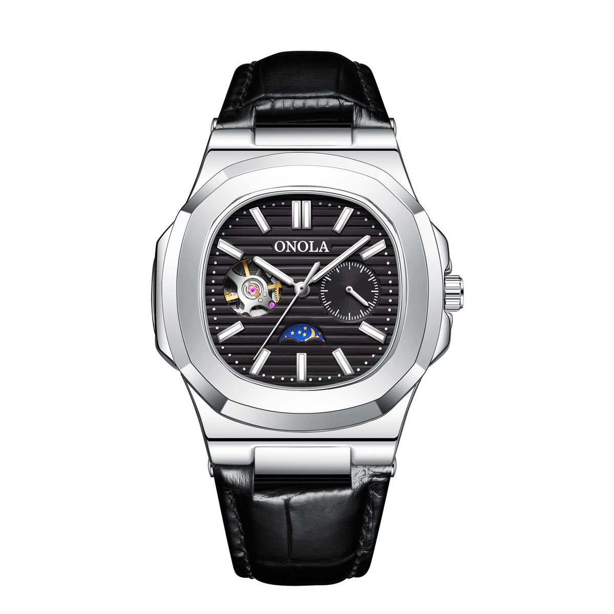 Open-Heart Mechanical Watch, Sun & Moon Dial – Men – Silver · Black Dial · Black Leather – front