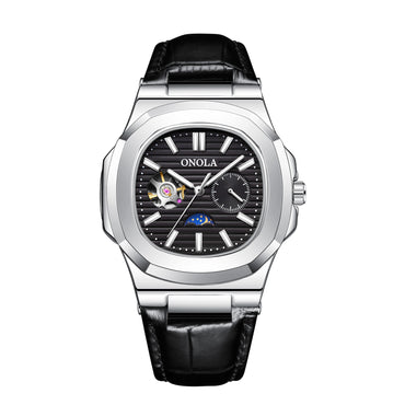Open-Heart Mechanical Watch, Sun & Moon Dial – Men – Silver · Black Dial · Black Leather – front