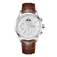 Moon-Phase Chronograph Watch – Men – Silver · White Dial · Brown Leather – front