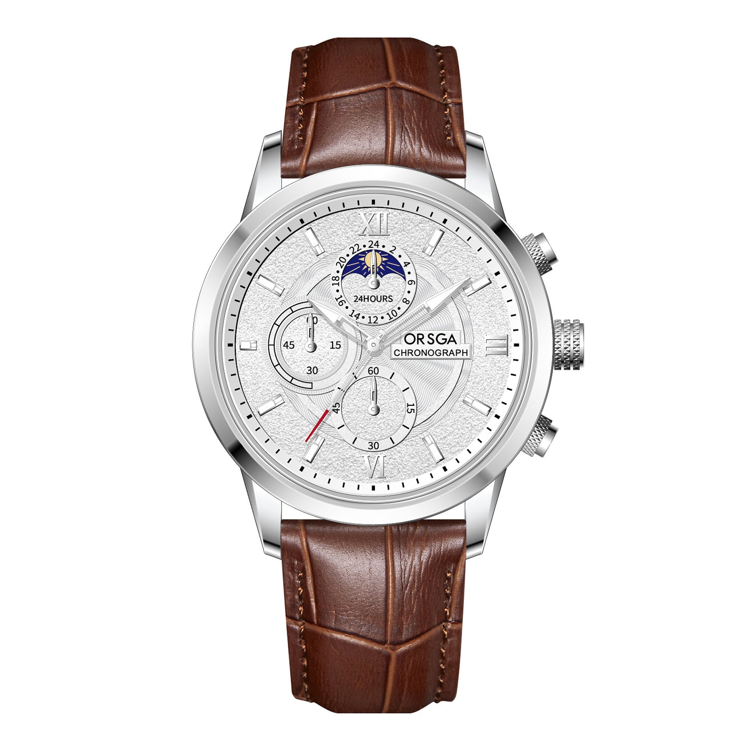 Moon-Phase Chronograph Watch – Men – Silver · White Dial · Brown Leather – front