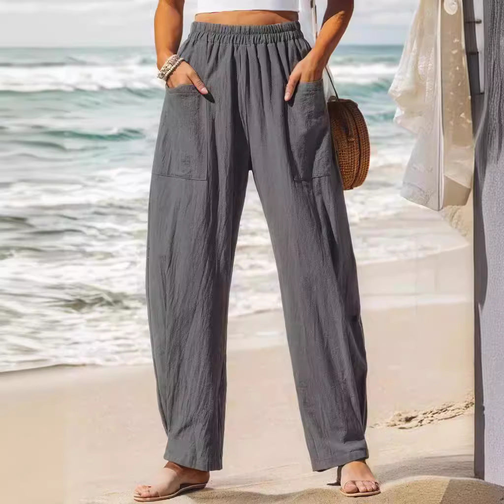 100% Polyester Elastic-Waist Relaxed Trousers – Women – Grey – worn, close
