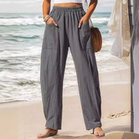100% Polyester Elastic-Waist Relaxed Trousers – Women – Grey – worn, close