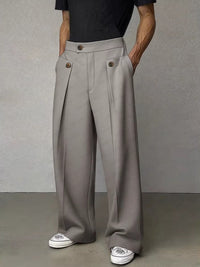 Wide-Leg Pleated Trousers, Button Flap Front – Men – Grey – worn