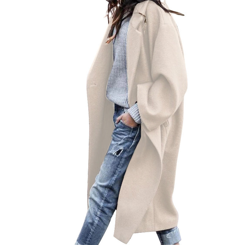 Long Oversized Lapel Coat – Women – Cream – worn