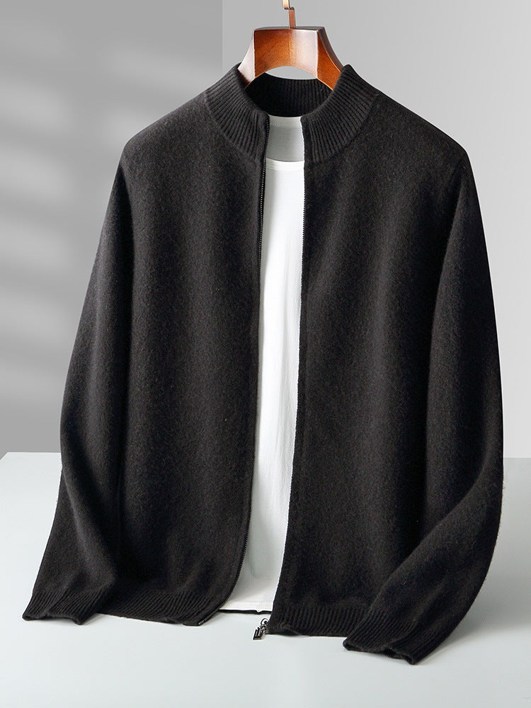 Full-Zip Knit Cardigan, Stand Collar – Men – Black – front