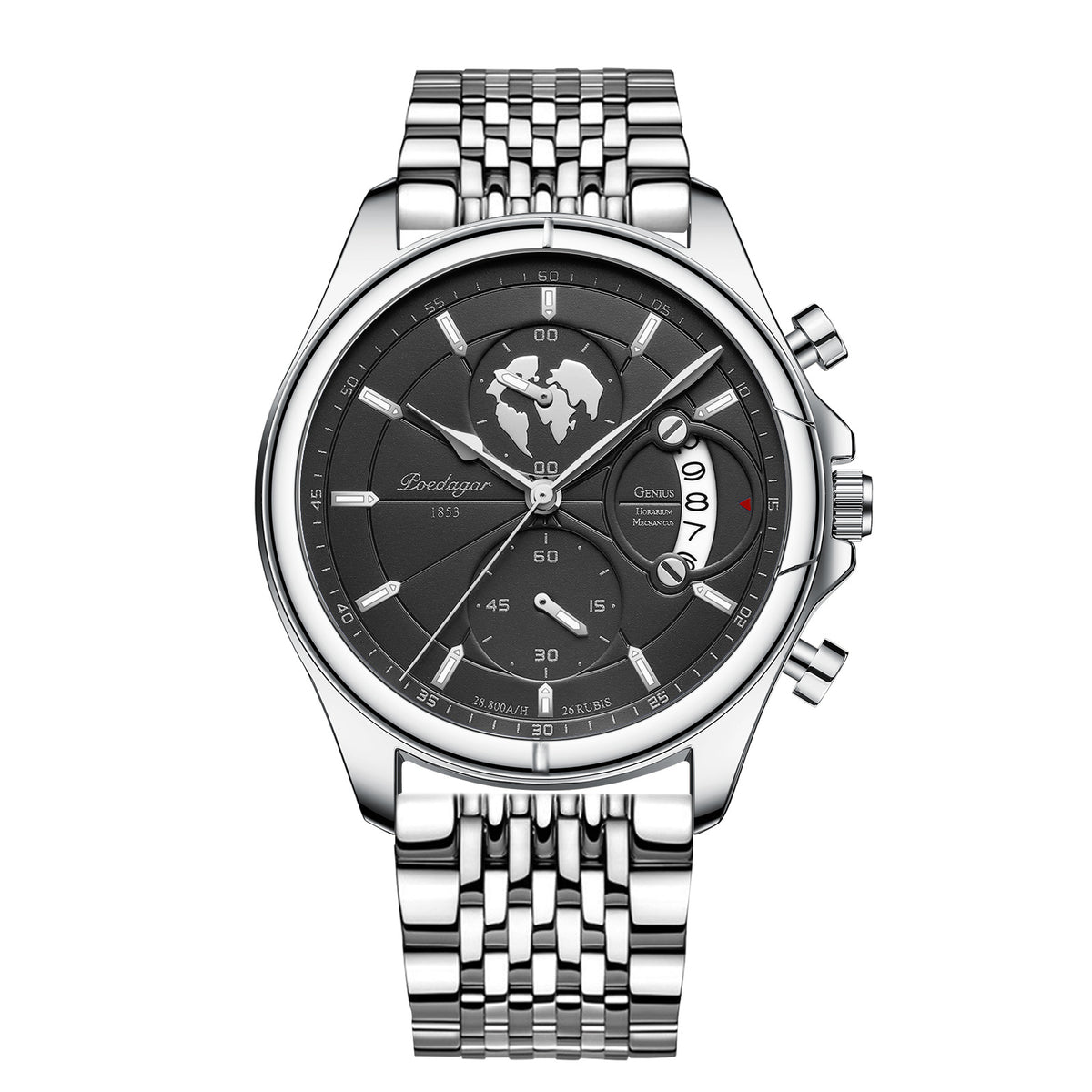 Chronograph Watch, Sapphire Glass, Leather or Steel – Men – Silver · Black Dial · Steel Bracelet – front