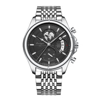Chronograph Watch, Sapphire Glass, Leather or Steel – Men – Silver · Black Dial · Steel Bracelet – front