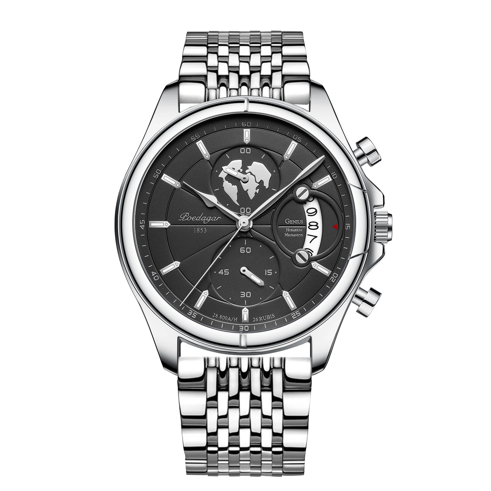 Chronograph Watch, Sapphire Glass, Leather or Steel – Men – Silver · Black Dial · Steel Bracelet – front