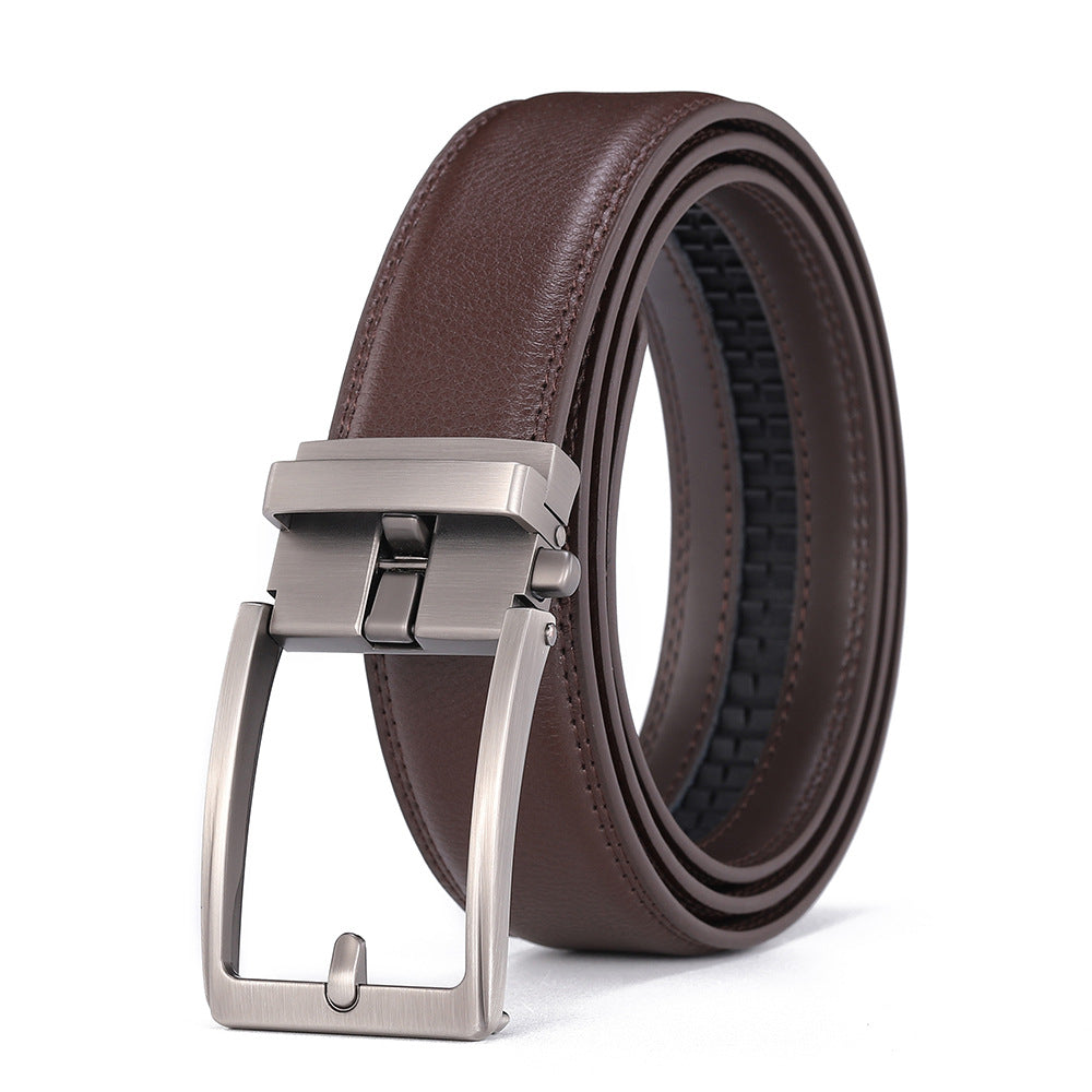 Leather Ratchet Belt, No Holes – Men – Brown · Gunmetal Buckle – front