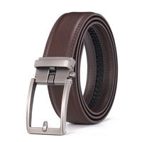 Leather Ratchet Belt, No Holes – Men – Brown · Gunmetal Buckle – front