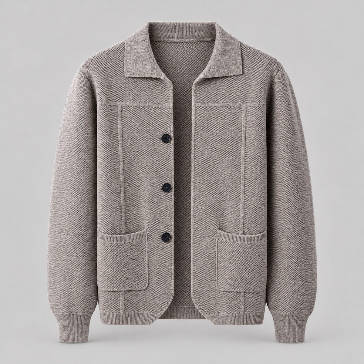 100% Wool Knit Shirt-Collar Cardigan – Men – Stone – front