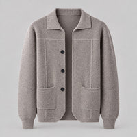 100% Wool Knit Shirt-Collar Cardigan – Men – Stone – front
