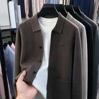 Shirt-Collar Knit Cardigan, Button Front – Men – Chocolate – front