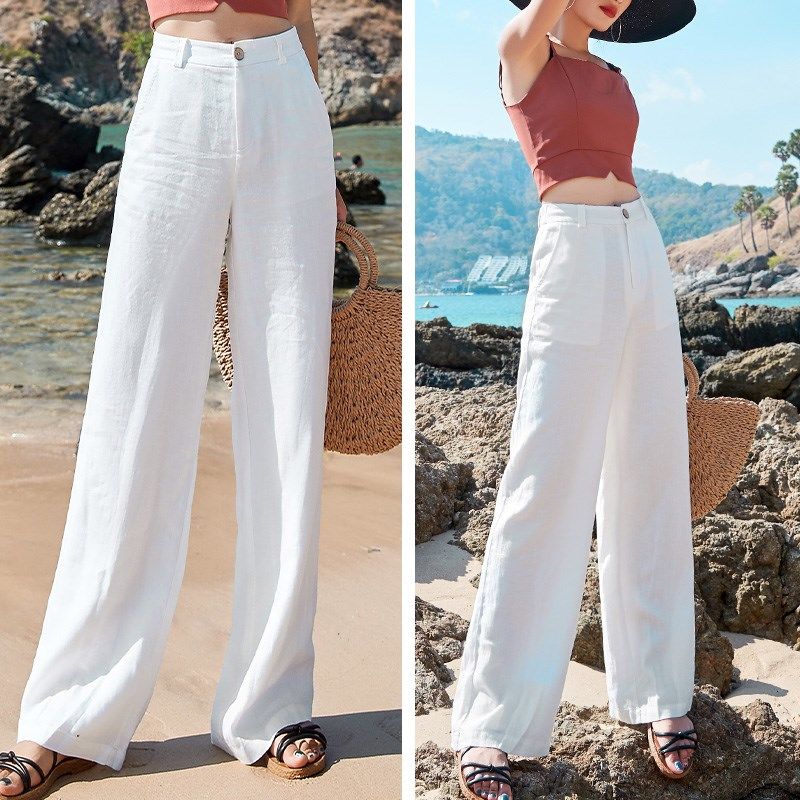 100% Cotton High-Waist Wide-Leg Trousers – Women – White – worn, two views