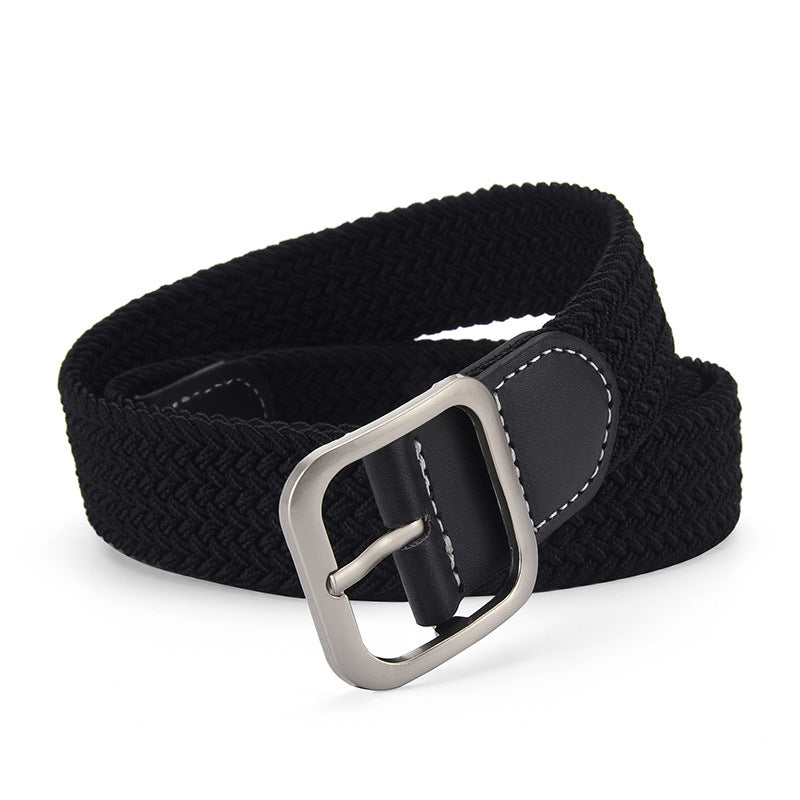 Woven Stretch Belt with Leather-Look Tab – Men – Black · Black Tab – front