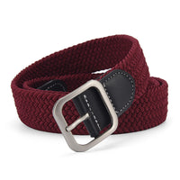 Woven Stretch Belt with Leather-Look Tab – Men – Burgundy · Black Tab – front