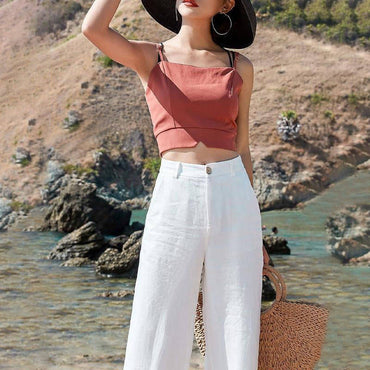 100% Cotton High-Waist Wide-Leg Trousers – Women – White – worn