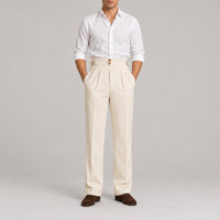 High-Waist Pleated Trousers, Side Adjusters – Men – Cream – worn