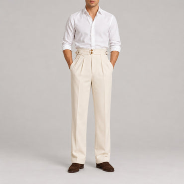 High-Waist Pleated Trousers, Side Adjusters – Men – Cream – worn