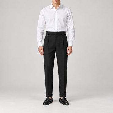 Pleated Trousers, Extended Tab Waist, Cropped Leg – Men – Black – worn