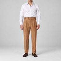 High-Waist Pleated Trousers, Double-Button Waist – Men – Camel – worn