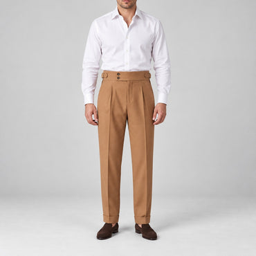 High-Waist Pleated Trousers, Double-Button Waist – Men – Camel – worn