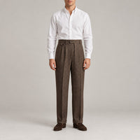 Herringbone Pleated Trousers, High Waist – Men – Brown – worn