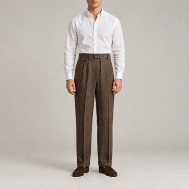 Herringbone Pleated Trousers, High Waist – Men – Brown – worn