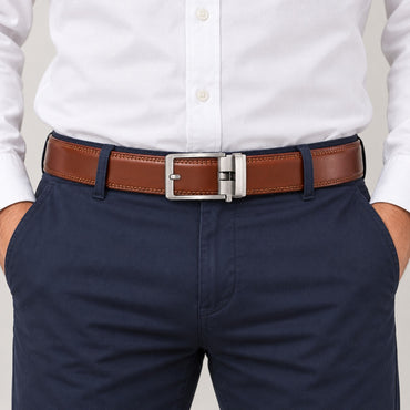 Leather Ratchet Belt, No Holes – Men – Brown · Open-Frame Buckle – worn