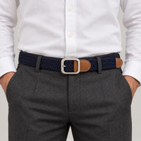 Woven Stretch Belt with Leather-Look Tab – Men – Navy · Brown Tab – worn