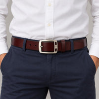 Wide Leather Belt, Brushed Buckle – Men – Brown · Cut-Out Buckle – worn