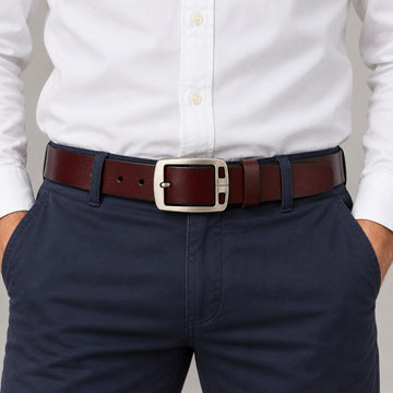 Wide Leather Belt, Brushed Buckle – Men – Brown · Cut-Out Buckle – worn