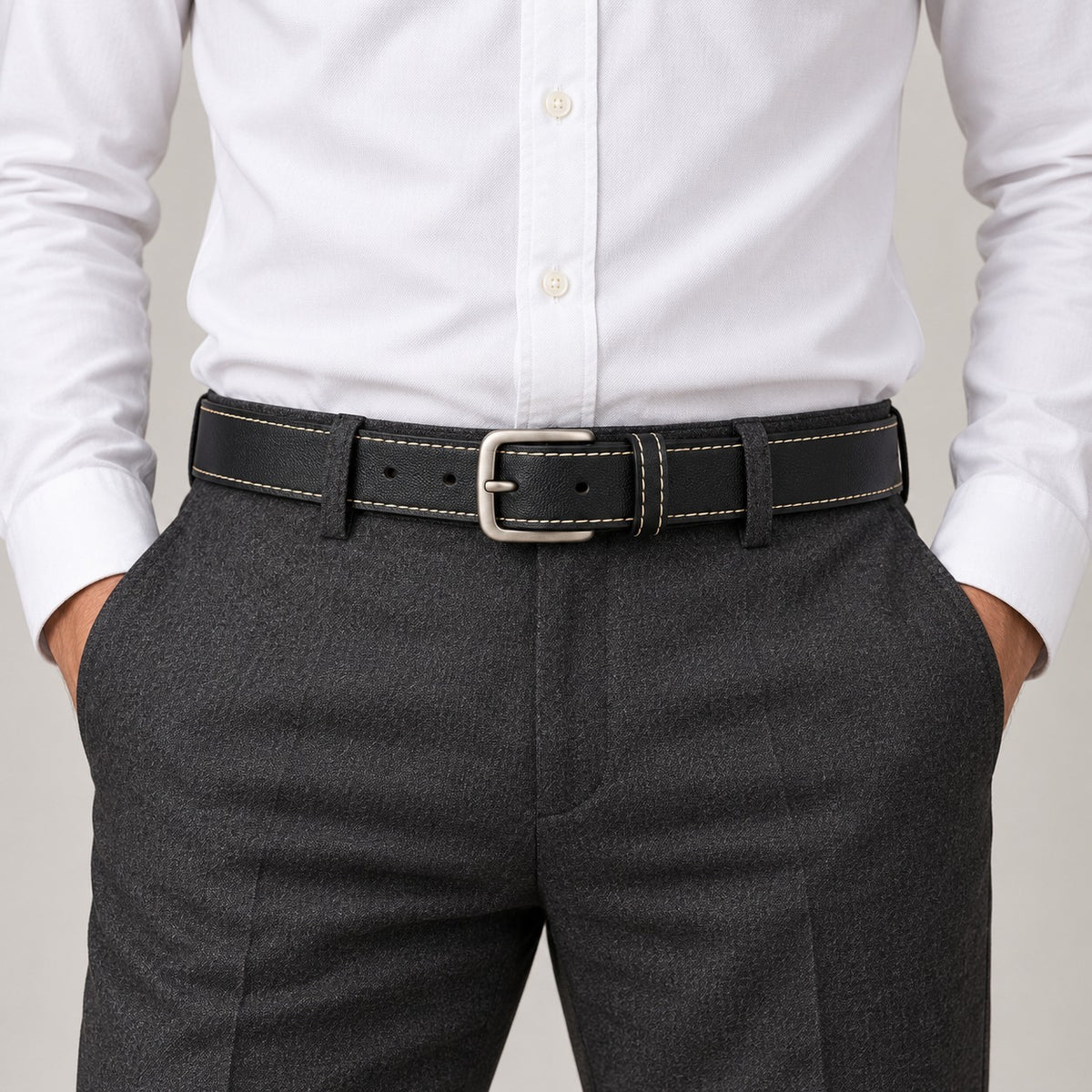 Stitched Leather-Look Belt – Men – Black · Cream Stitching – worn