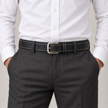 Stitched Leather-Look Belt – Men – Black · Cream Stitching – worn