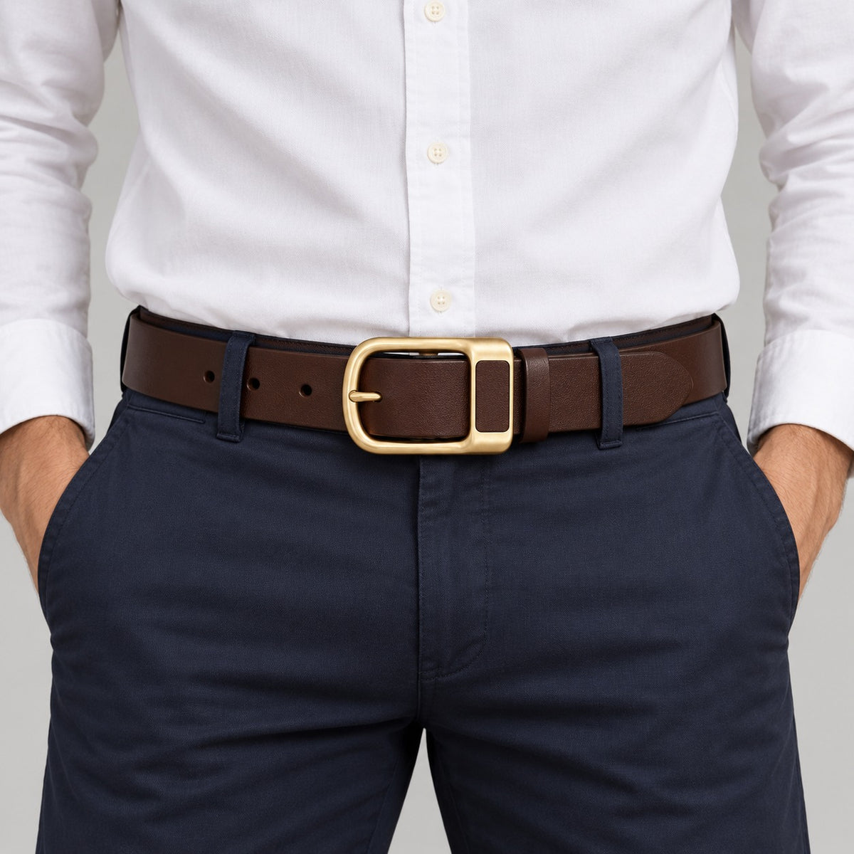 Wide Leather-Look Jeans Belt – Men – Brown · Brass Buckle – worn