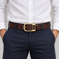 Wide Leather-Look Jeans Belt – Men – Brown · Brass Buckle – worn