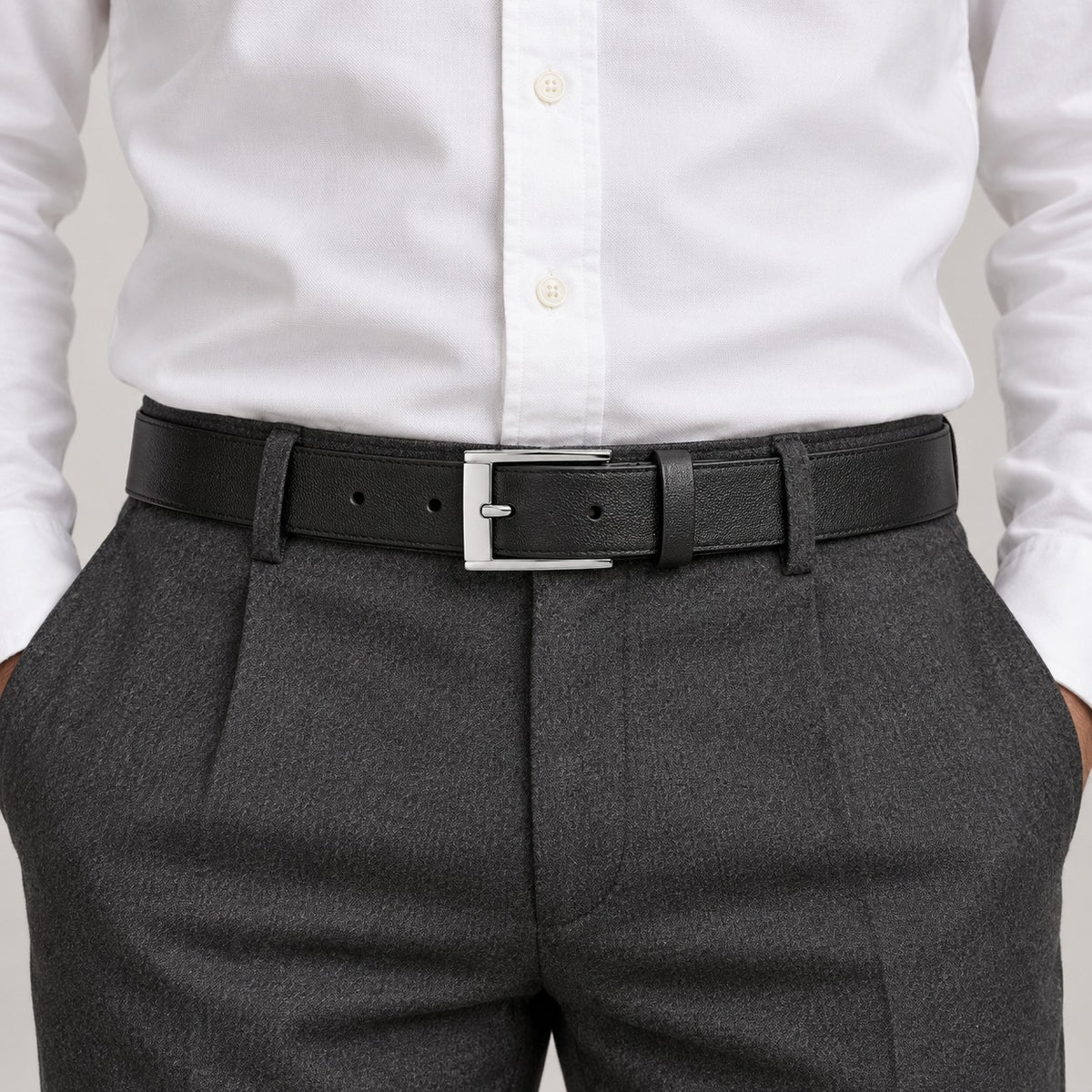 Leather-Look Pin Buckle Belt – Men – Black · Silver Buckle – worn