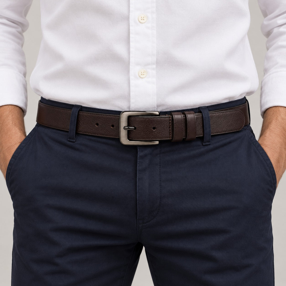 Cowhide Leather Belt, Brushed Buckle – Men – Brown · Gunmetal Frame Buckle – worn